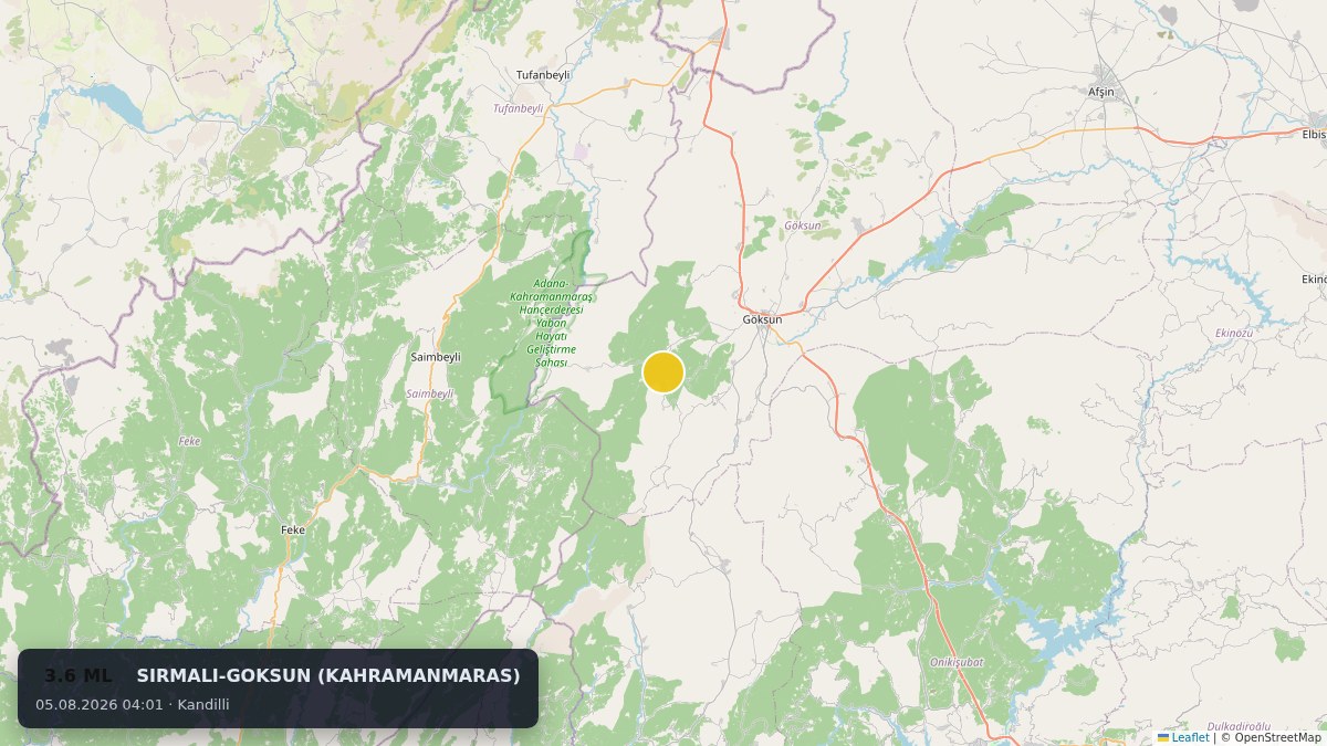 Sirmali-Goksun (Kahramanmaras) deprem konumu haritası (3.6 ML)